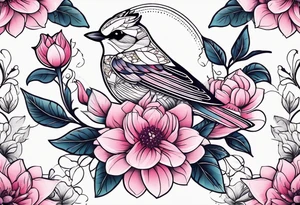 Small Pink flowers with decorative dott pattern and a bird tattoo idea