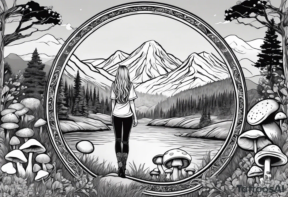 Whole picture encircled fully

Straight long blonde hair hippie girl in distance holding mushrooms in hand facing away toward mountains and creek surrounded by mushrooms long sleeve shirt and hiking pants; whole rendering within a full circle, no cut off circle tattoo idea