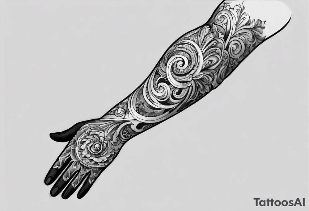 Forearm sleeve and glove with swirls up to the elbow tattoo idea