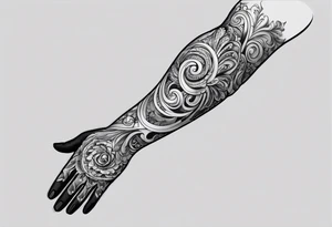 Forearm sleeve and glove with swirls up to the elbow tattoo idea