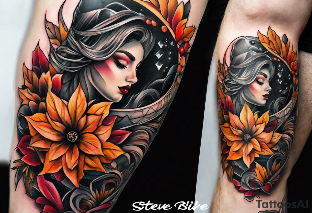 knee tattoo in fall color masculine tattoo idea