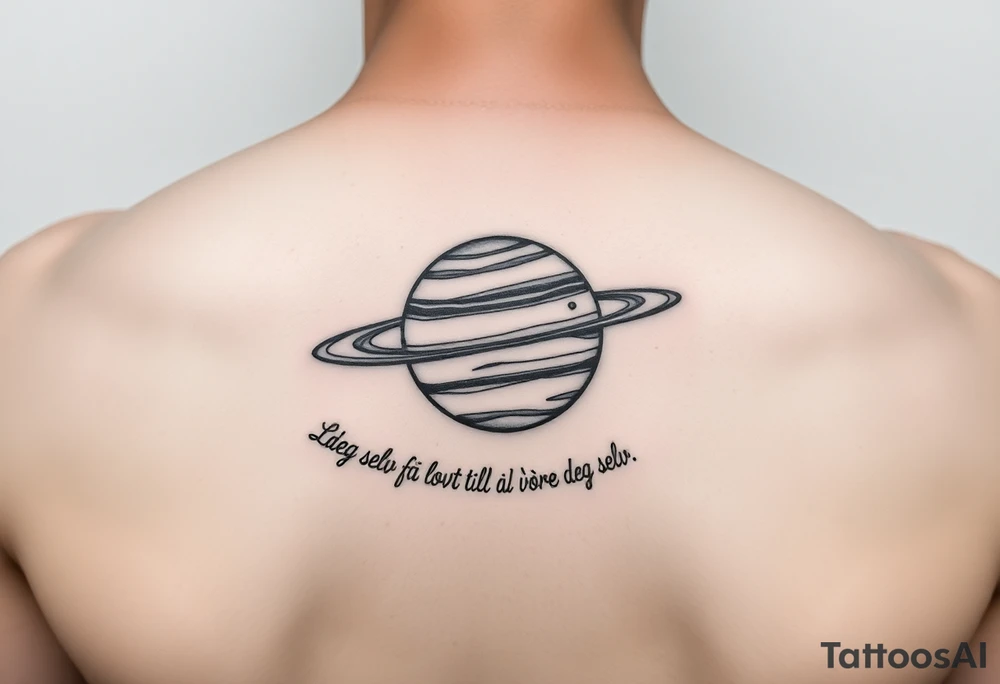 Minimalistic saturn planet, but the text «La deg selv få lovt til å være deg selv» goes around the planet tattoo idea