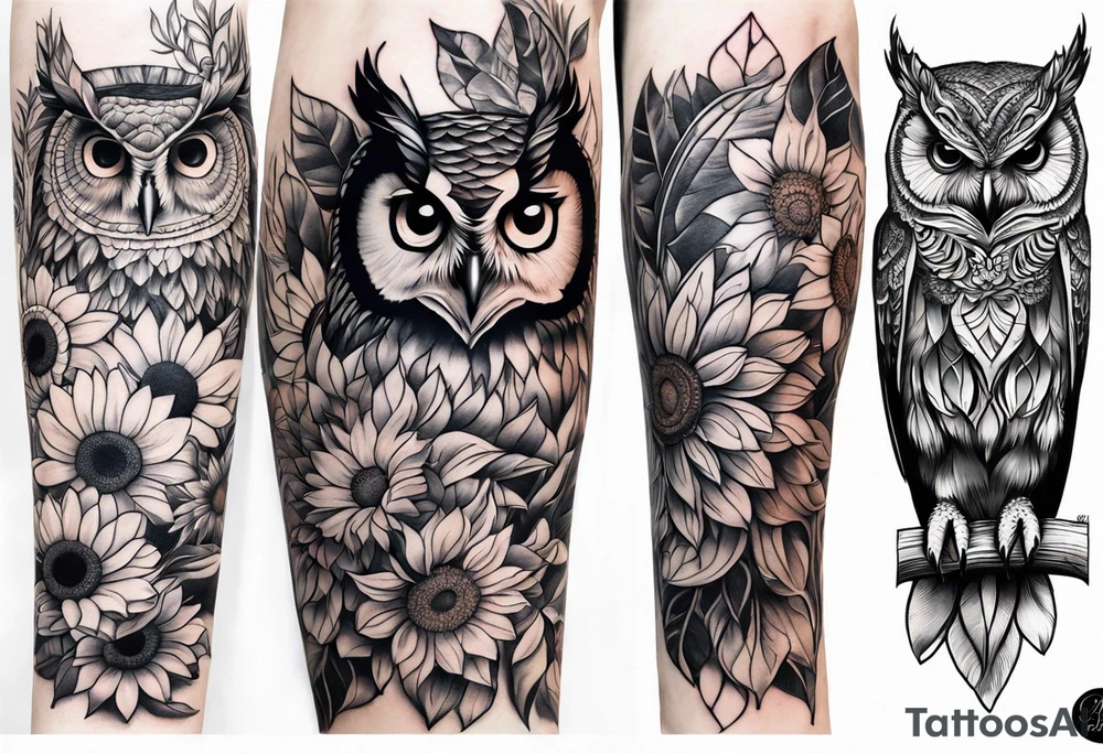 Arm sleeve with colorful sunflowers and an owl tattoo idea