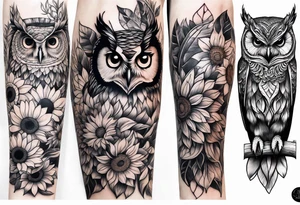 Arm sleeve with colorful sunflowers and an owl tattoo idea
