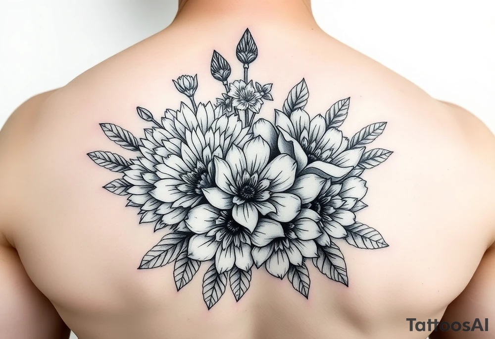 Bouquet of chrysanthemums and peonies tattoo idea