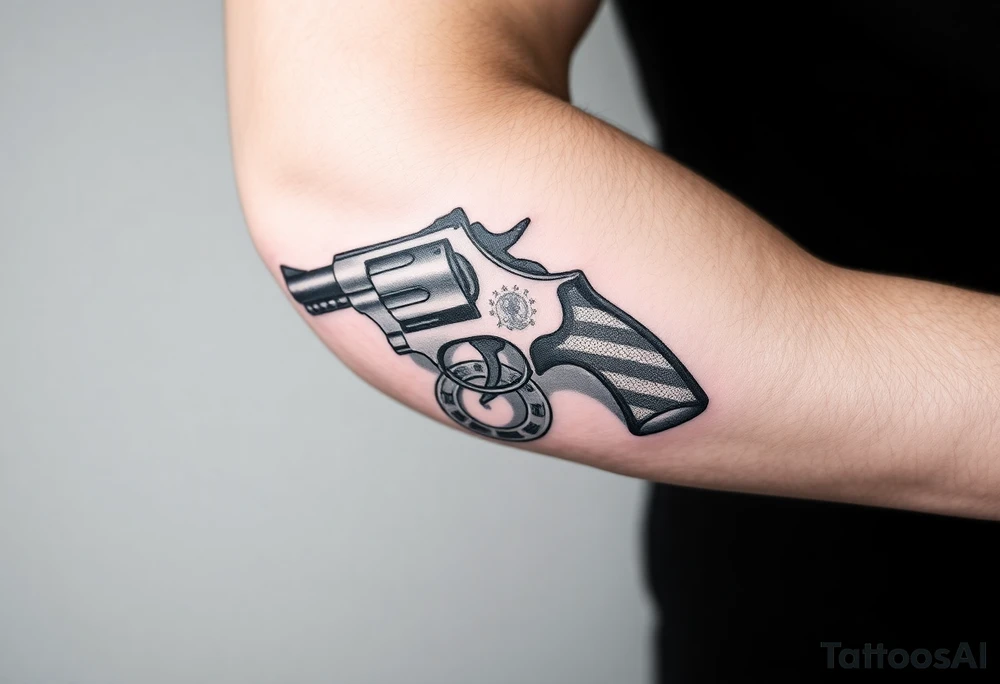 Revolver, American flag, state of florida, grenade, horseshoe, bulldog and blended into a half forearm sleeve tattoo idea