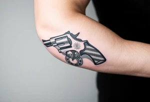 Revolver, American flag, state of florida, grenade, horseshoe, bulldog and blended into a half forearm sleeve tattoo idea