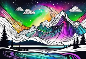 northern lights and mountain  square shaped tattoo idea