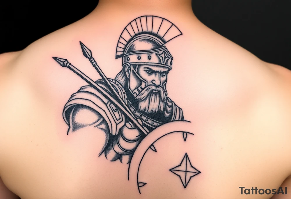 a powerful, epic Achilles in armor with a spear and shield, looking prepared for battle tattoo idea