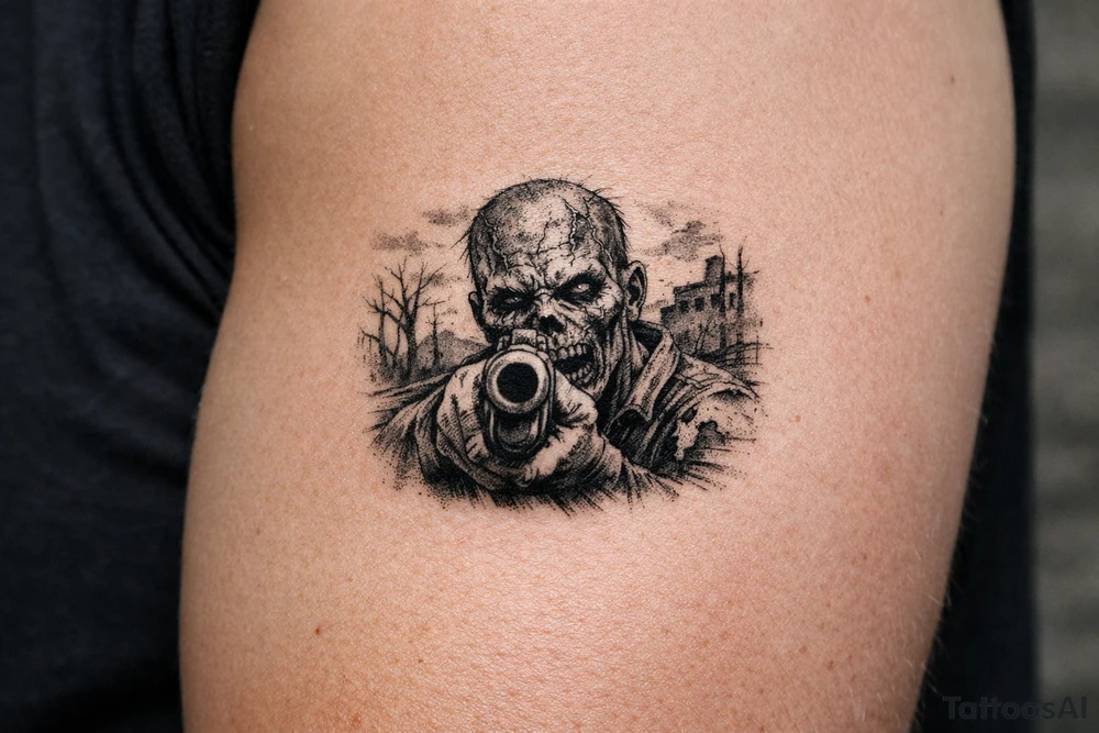 Close-up of zombie's face, shotgun barrel pointed forward, desolate background. tattoo idea
