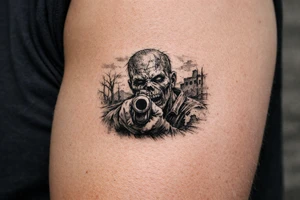 Close-up of zombie's face, shotgun barrel pointed forward, desolate background. tattoo idea
