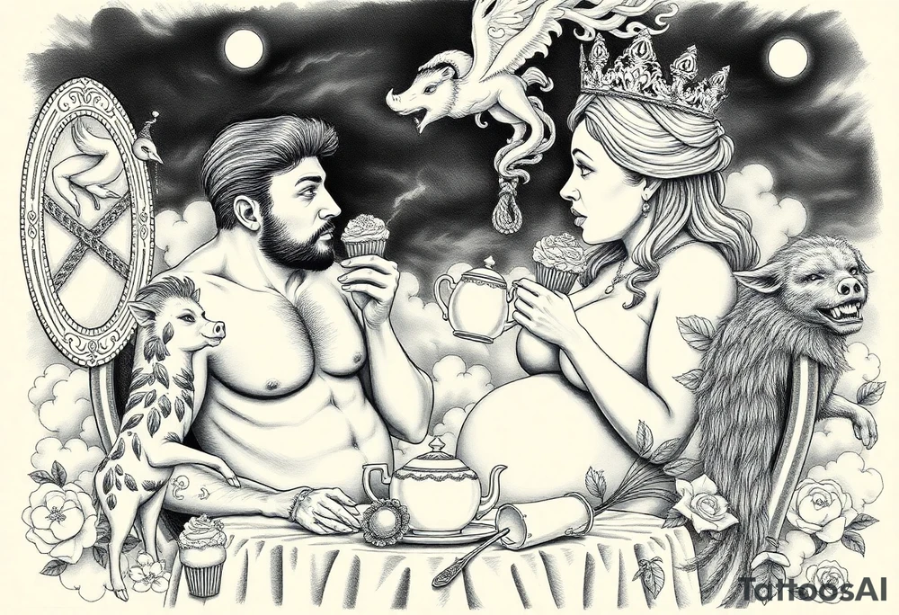 Mystical Naked Man and woman having sex eating cupcakes and  fruit  having sex clouds gothic sexy naked fat lady having a tea party with tea pot at a famcycastle  
with a pigs, peacock, noose, lion, goat, smoking cigerettes looking in the mirror thru storm clouds with razor blades and broken hearts and darkness and wrath, envy , gluttony, greed, sloth, pride kill tattoo idea