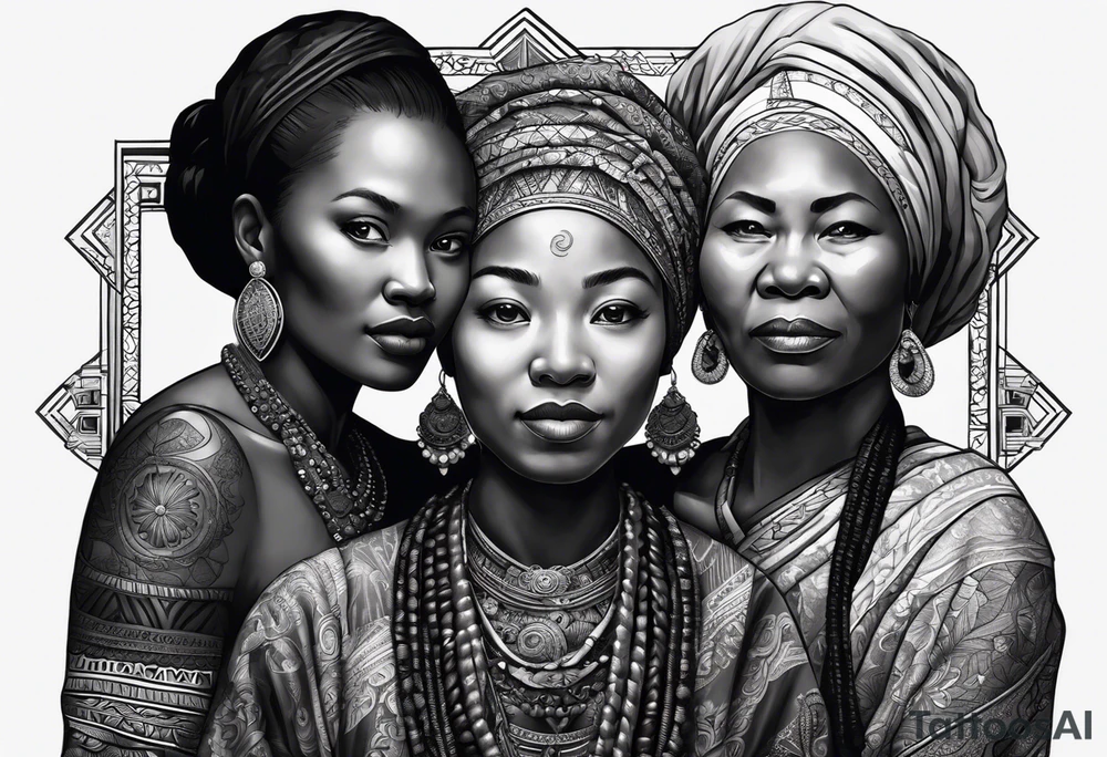 three  people side by side. a really really young african Daughter on the left, a russian mother in the middle, really really old japanes grandmother on the right. greater age difference, in an artfully decorated frame tattoo idea