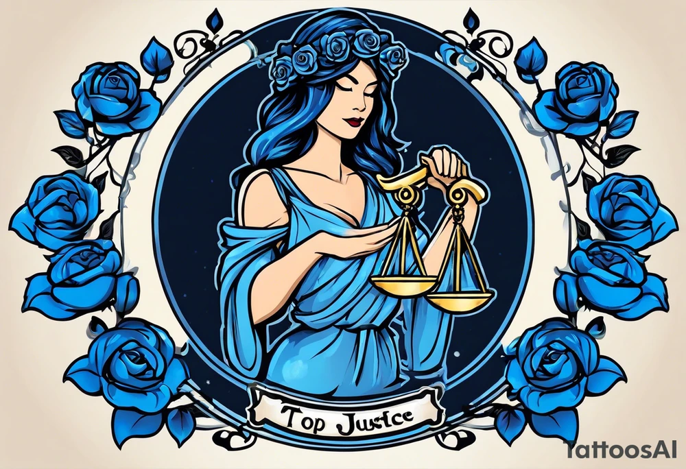 Lady Justice, 
Blindfold:
Scales: 
 Lady Justice is shown with black hair, which is a unique artistic choice compared to the more traditional representations. The scales, blindfold, and sword are all present, adhering to the classic iconography but with a modern and colorful twist. blue roses frames, background blue,present it in a tattoo tattoo idea
