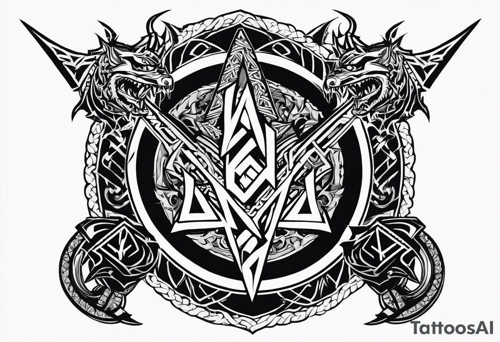 Valhalla sword shield dragon axe Valknut barbed wire chains tribal tattoo idea Valhalla sword shield dragon axe Valknut barbed wire chains tribal tattoo idea