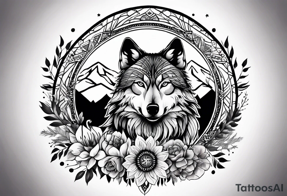 A whimsical wolf tattoo featuring mandala or dream catcher elements, with the wolf as the central focus, surrounded by mountains in the background. Include flowers and nature elements to fill the space around the wolf. Some color but not completely solid bold color tattoo idea