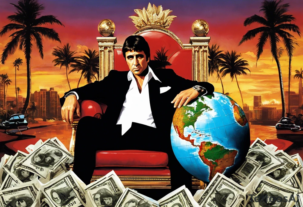Tony Montana sitting on his throne with his infamous "The World is Yours" globe in hand, surrounded by elements that represent key scenes or motifs from the movie? For example, you could include symbols like piles of cocaine, palm trees, guns, and perhaps even the iconic "Say hello to my little friend" scene in the background. This would create a dynamic and visually captivating tattoo that pays homage to Scarface in a unique and personalized way. tattoo idea