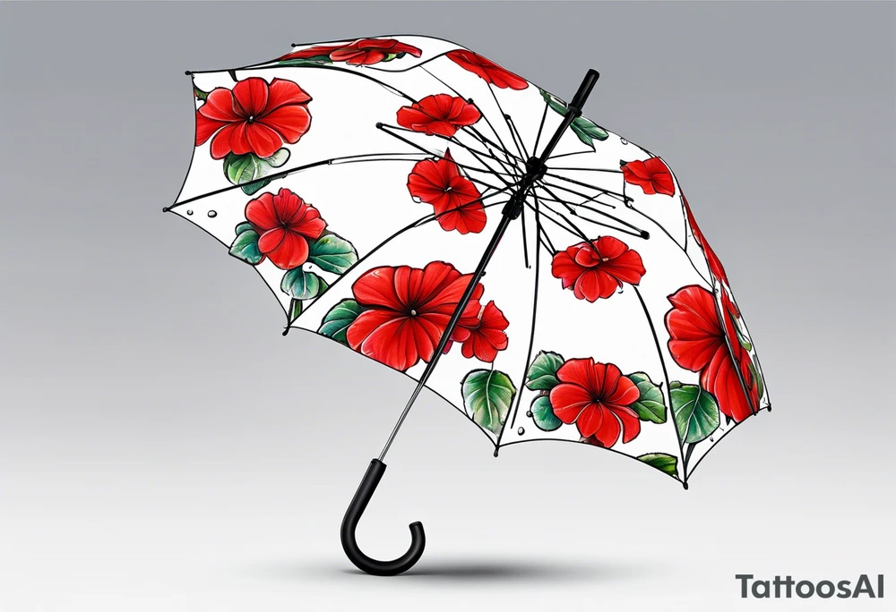 Upside down Umbrella with red geraniums with rain drops tattoo idea