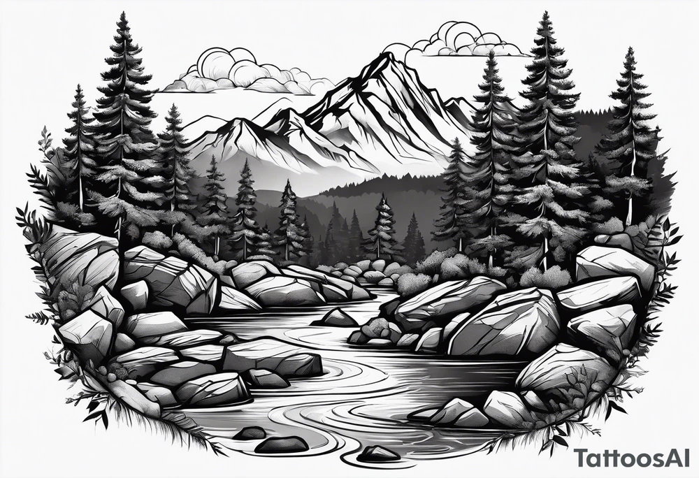 forrest 
river running through rocks and mountains 
open tattoo idea