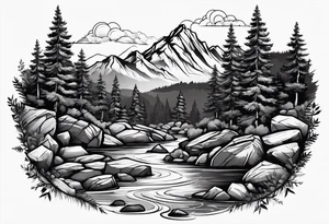 forrest 
river running through rocks and mountains 
open tattoo idea