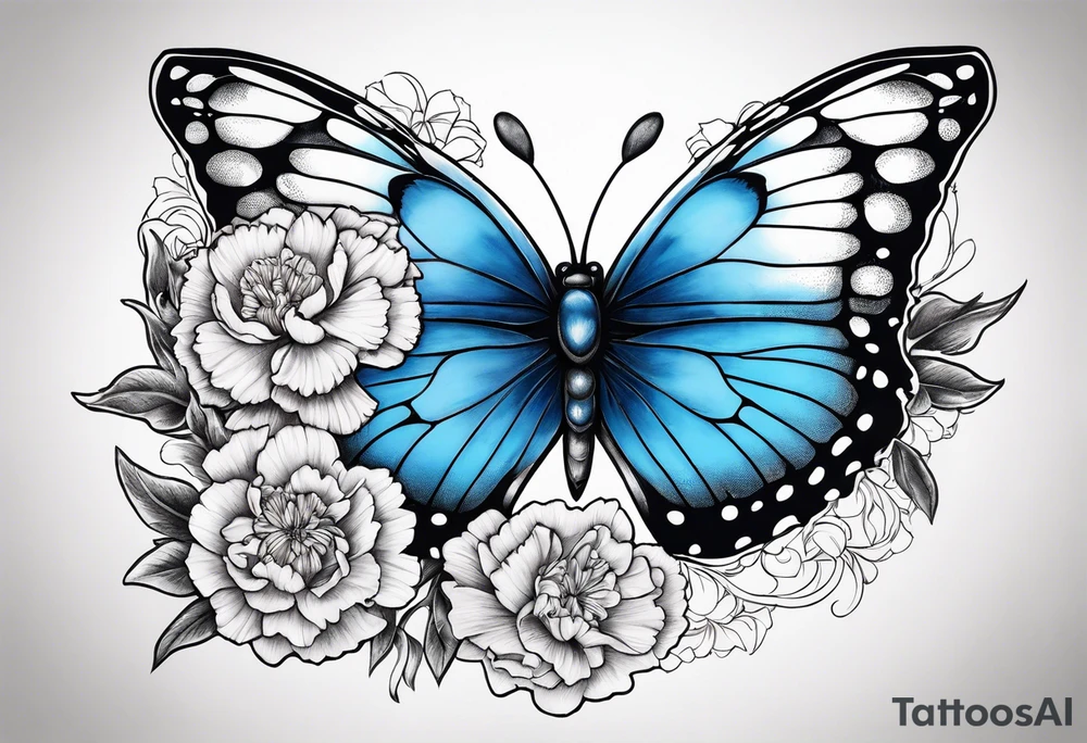 Blue butterfly moon carnation tattoo idea