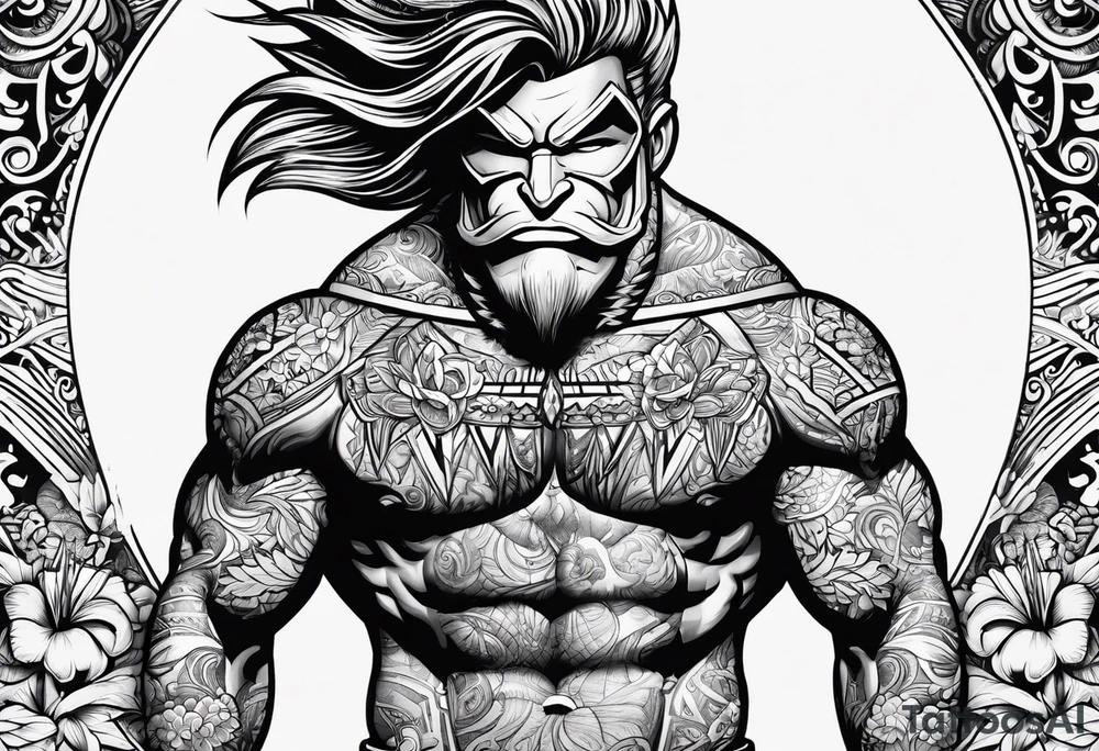 beachbum superhero on a surfboard with tiki guys tattoo idea