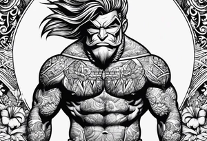 beachbum superhero on a surfboard with tiki guys tattoo idea