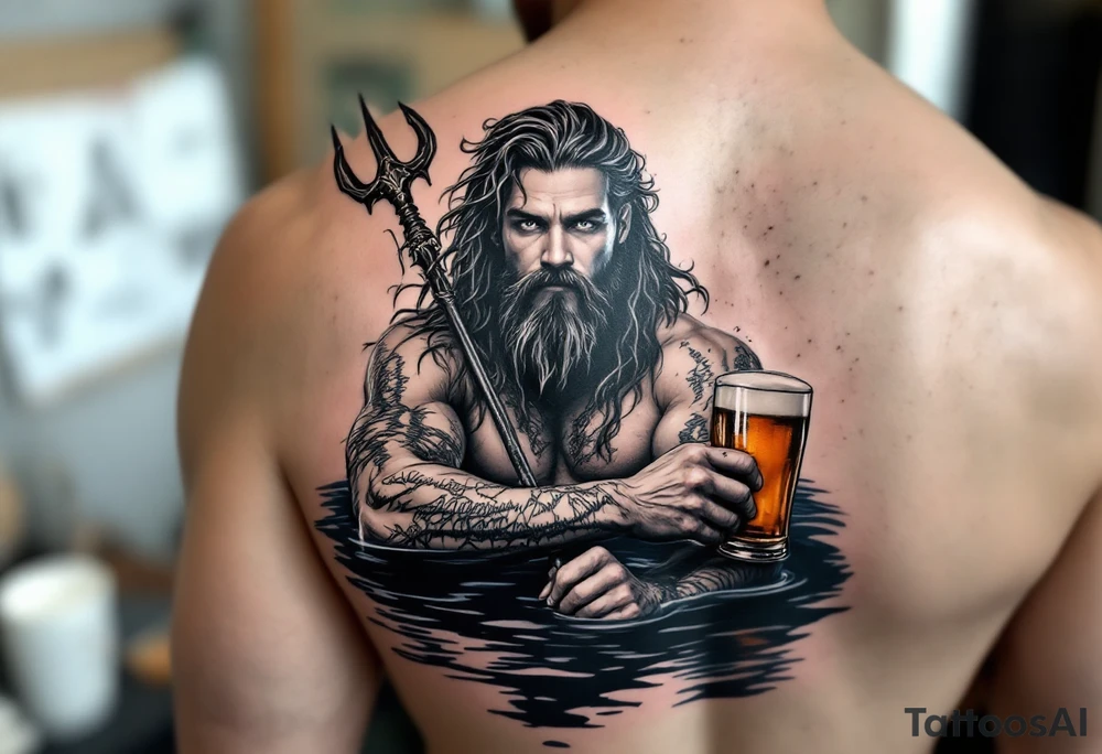 young, fit poseidon in calm water, behind a trident, holding a beer, looking at you tattoo idea