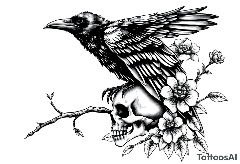 raven looking over its shoulder on a branch skull and clock and flower tattoo idea