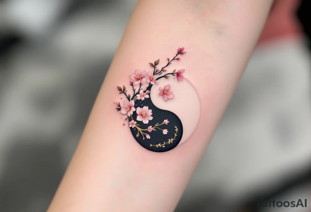 A beautifully detailed yin-yang symbol, seamlessly blending black and white ink. The black half is adorned with delicate golden floral engravings while the white half features soft pink cherry blossoms, representing purity and new beginnings. tattoo idea