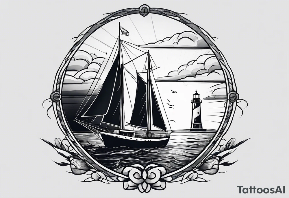 maritime lighthouse in a front view sailboat serving as a mast for a sail. tattoo idea
