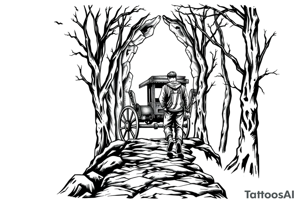 A boy walking up a forest path, DnD inspired, broken down carriage, tavern, glowing tunnel tattoo idea