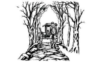 A boy walking up a forest path, DnD inspired, broken down carriage, tavern, glowing tunnel tattoo idea