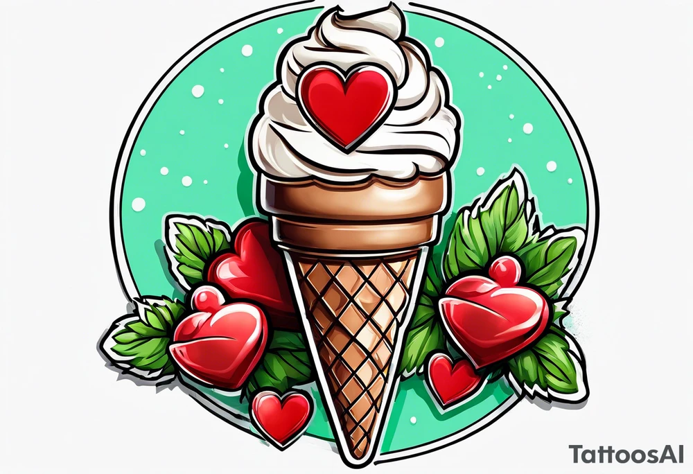 mint chocolate chip ice cream cone with small red heart on it somewhere. tattoo idea