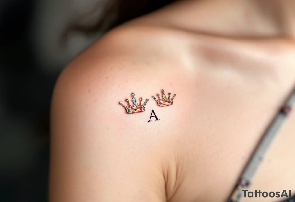 Gold-inked royal crowns with tiny emerald and ruby details, placed above matching initials. tattoo idea