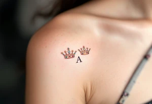 Gold-inked royal crowns with tiny emerald and ruby details, placed above matching initials. tattoo idea