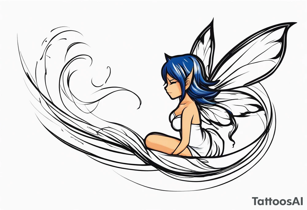 A fairy with a tail inspired by the logo of the anime show called Fairy Tail in a fetal position leaning in and forward while in the air floating tattoo idea