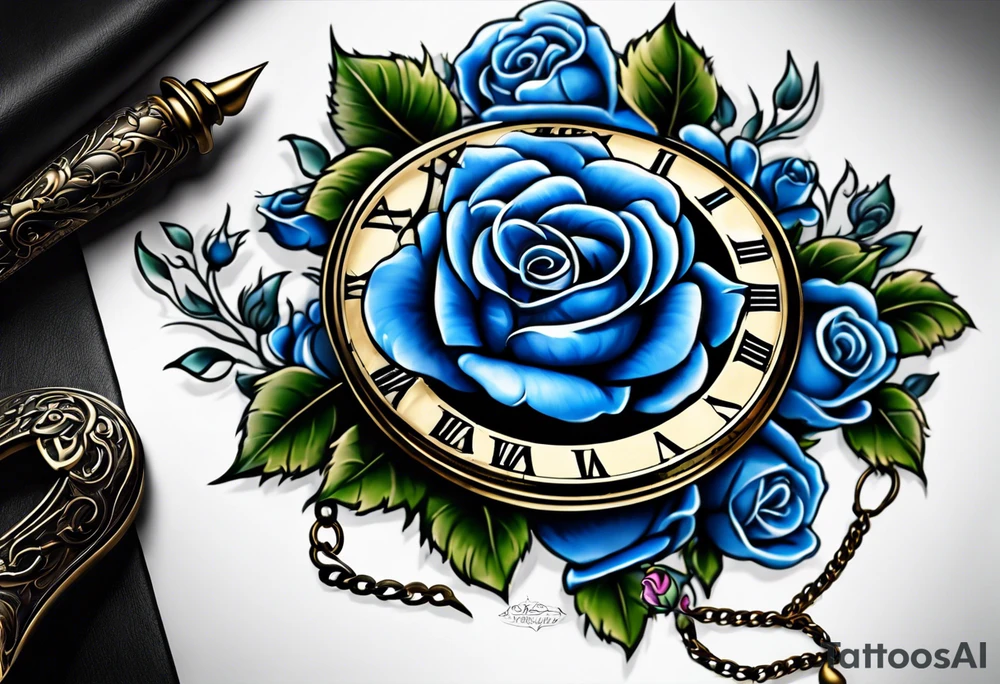Pocket watch with blue roses tattoo idea