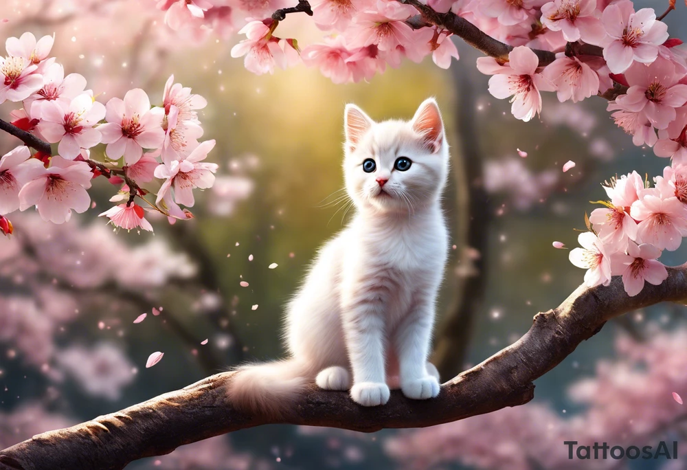 Generate a design where a graceful pink cherry blossom tree extends vertically, occupying the full height of 15cm, with delicate blossoms scattered along its slender branches coloured with a watercolor effect. Nestled among the branches, a small, playful kitten is perched, gazing curiously outward. The kitten's fur can have intricate details, highlighting its softness and playfulness. Surrounding the kitten and the tree, some petals could be gently falling, adding a dynamic and serene feel to the design. This vertical composition would elegantly fit your biceps, creating a charming and feminine piece of art. tattoo idea