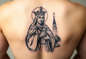 Saint Barbara+ holding chalice+ tower in background+artillery tattoo idea