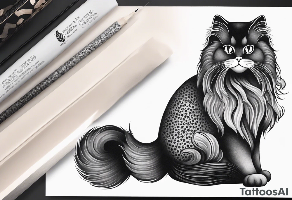 Generate a tattoo design of a long-haired Persian cat with soft, flowing lines, highlighting its luxurious fur in a minimalist style. tattoo idea