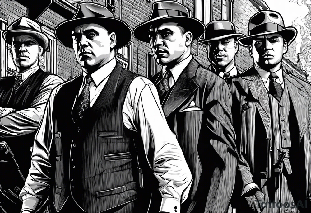 group of gangsters standing together including Al Capone, John Dillinger, Machine Gun Kelley, Bonnie and Clyde along with tommy guns, gatling gun and sawed off shot guns with bullets flying tattoo idea