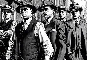group of gangsters standing together including Al Capone, John Dillinger, Machine Gun Kelley, Bonnie and Clyde along with tommy guns, gatling gun and sawed off shot guns with bullets flying tattoo idea