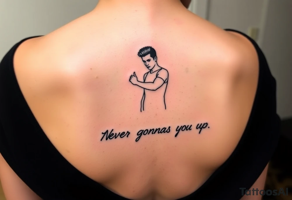 Rick Astley's  Dance Pose outline with text "Never Gonna Give You Up" tattoo idea