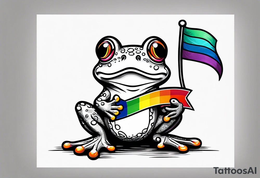 Cute small frog holding rainbow flag tattoo idea