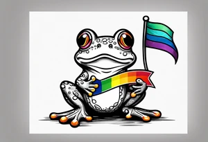 Cute small frog holding rainbow flag tattoo idea