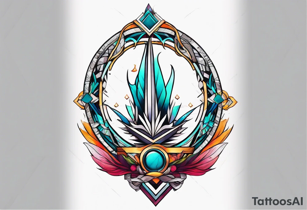 Bold geometric tapestry trident in colour on arm tattoo idea