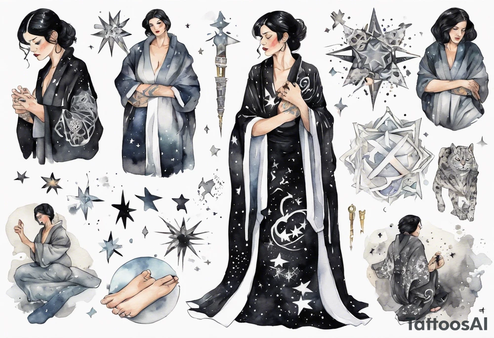 a beautiful black-haired middle-aged woman dressed in a black and white Nordic robe, feet wrapped in bandages, surrounded by stars tattoo idea