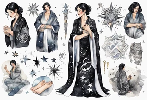 a beautiful black-haired middle-aged woman dressed in a black and white Nordic robe, feet wrapped in bandages, surrounded by stars tattoo idea