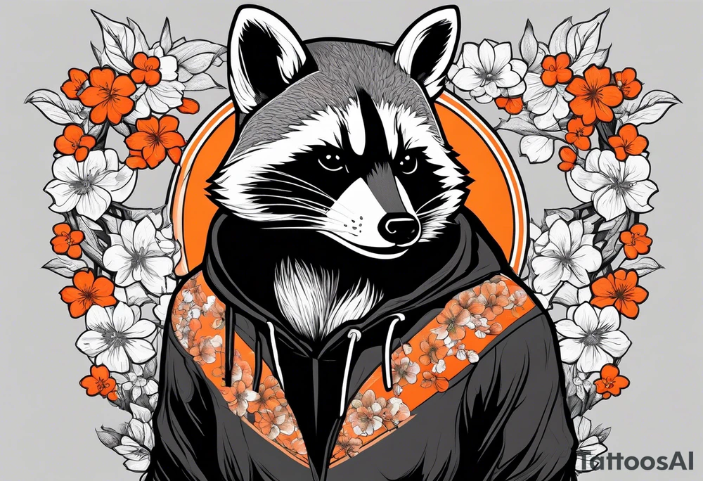 Raccoon wearing a white Superman logo on a black hoodie and orange Japanese cherry blossoms beside tattoo idea